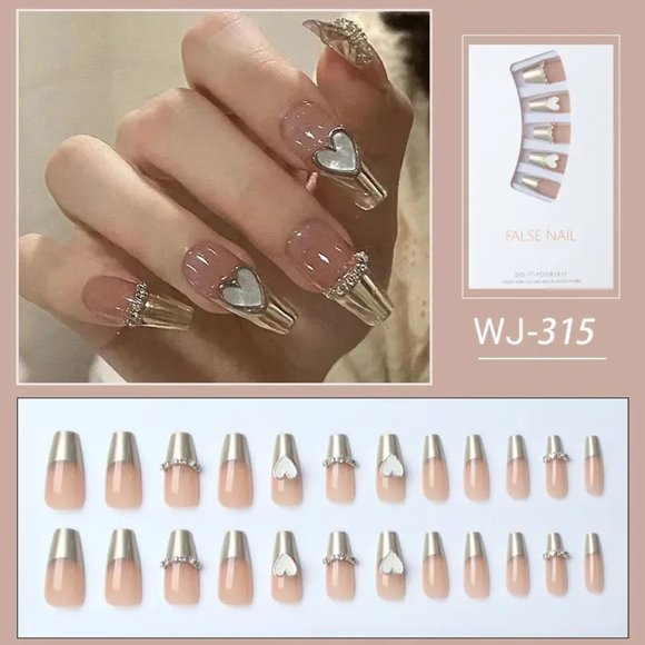 NWT Press On Nails French 3D Hearts & Rhinestone Coffin Fake Nails - Picture 3 of 5